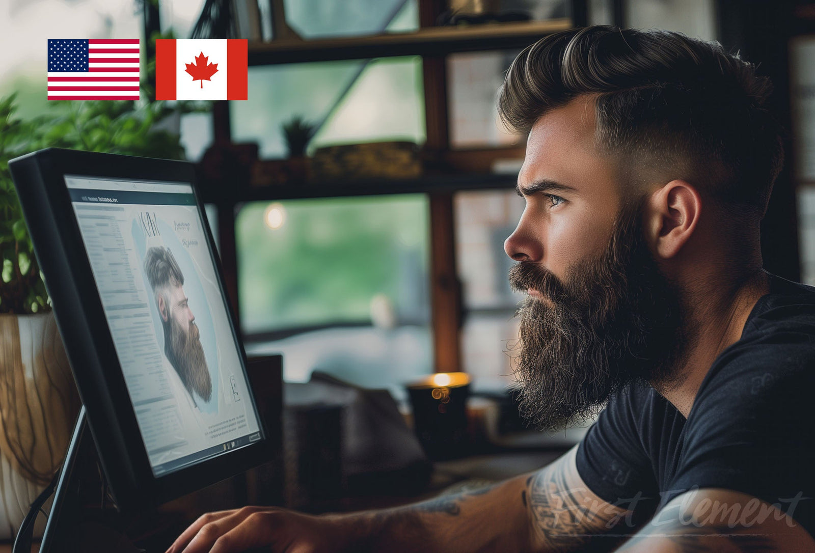 Bearded Small Business Owner in front of a computer screen with a bearded illustration, in the corner a US and Canadian Flag