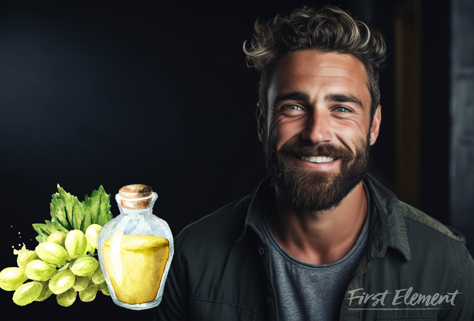 Grapeseed Oil icon with a handsome bearded man smiling