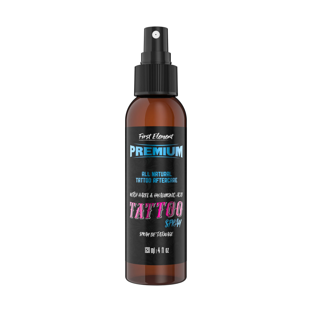 A 120ml plastic bottle of Tattoo Aftercare Spray sits against a clean white background, ready to soothe and nourish your ink.