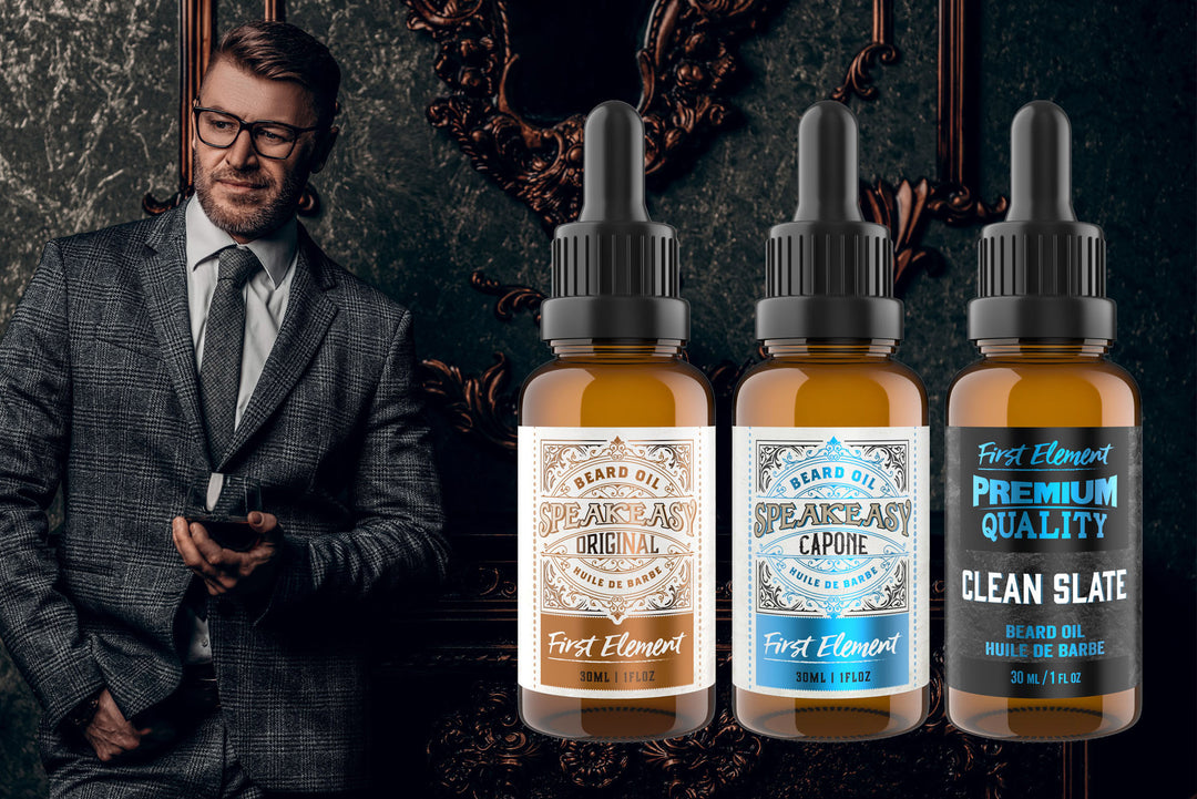 Beard Oil Made in Canada - Three scents of Beard Oil with classy gentleman holding a bourbon