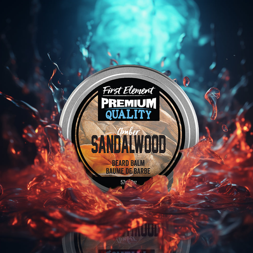 Premium Amber Sandalwood scented Beard Balm in a 2oz metal tin, handcrafted in Canada. Tin features a screw-on top with a tamper-evident seal, set against a colorful background, highlighting its premium quality and all-natural, hand-poured formula.