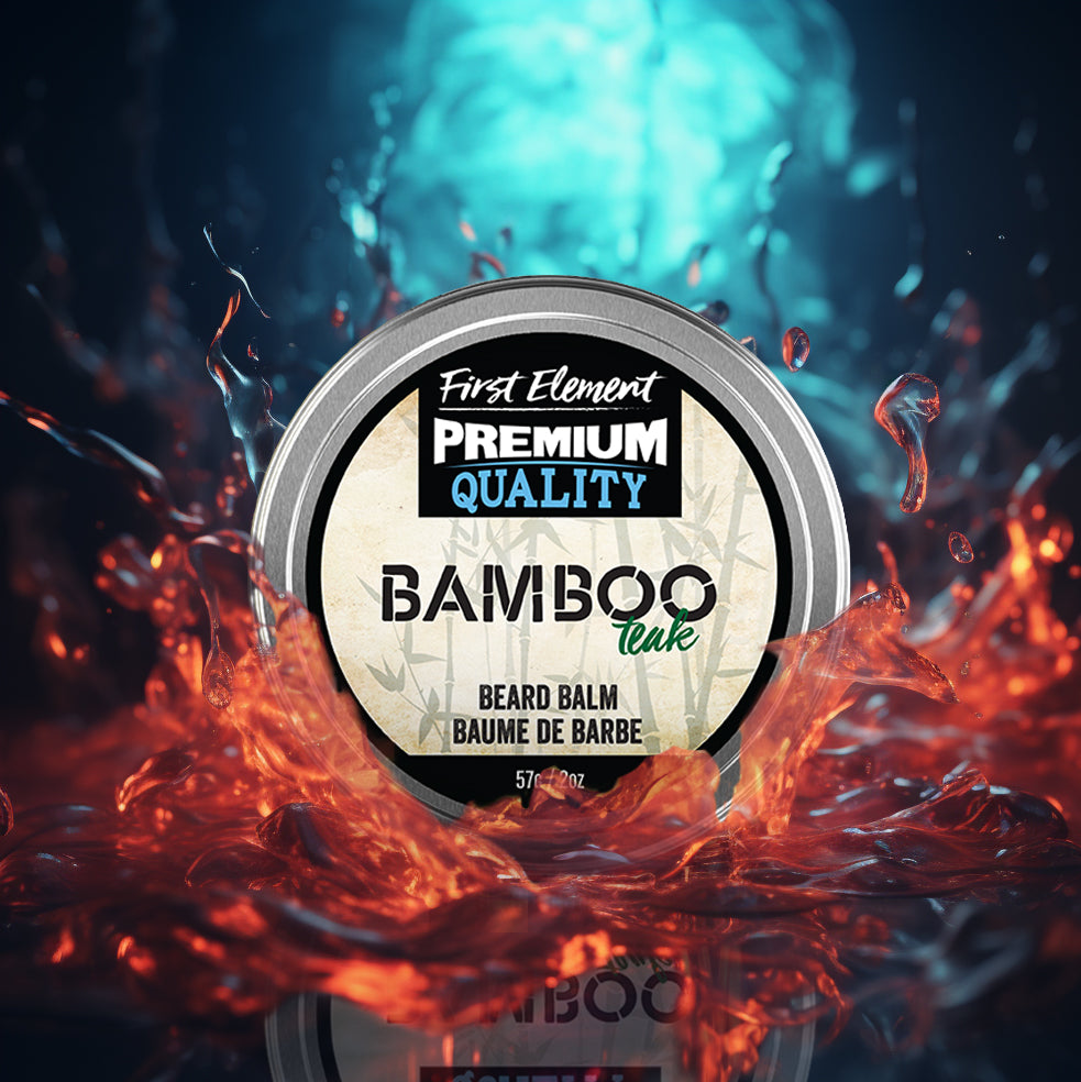 Image of a 2oz metal tin of Premium Bamboo scented Beard Balm, handcrafted in Canada. The tin has a screw-on top with a tamper-evident seal, against a colorful backdrop, emphasizing its premium quality and all-natural, hand-poured formula.