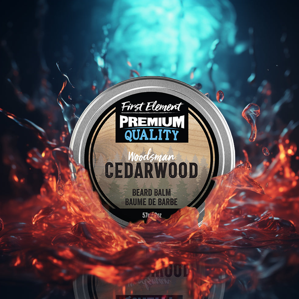 Image of a 2oz metal tin of Premium Cedarwood Beard Balm - First Element, handcrafted in Canada. The tin features a screw-on top with a tamper-evident seal, against a colorful background. Highlighting its premium quality, all-natural, hand-poured formula with a soothing Cedarwood scent.