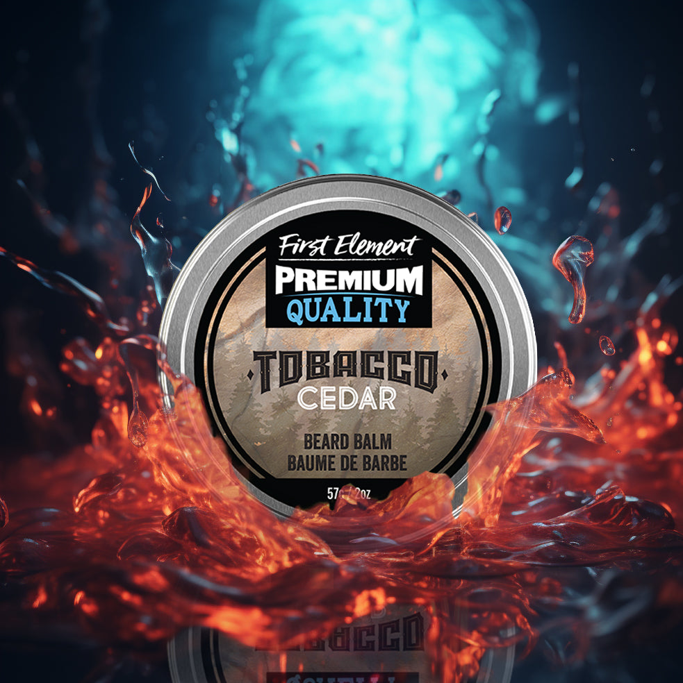 Image of a 2oz metal tin of Premium Tobacco Cedar scented Beard Balm, handcrafted in Canada. The tin has a screw-on top with a tamper-evident seal, against a colorful background, showcasing its premium quality and all-natural, hand-poured formula.