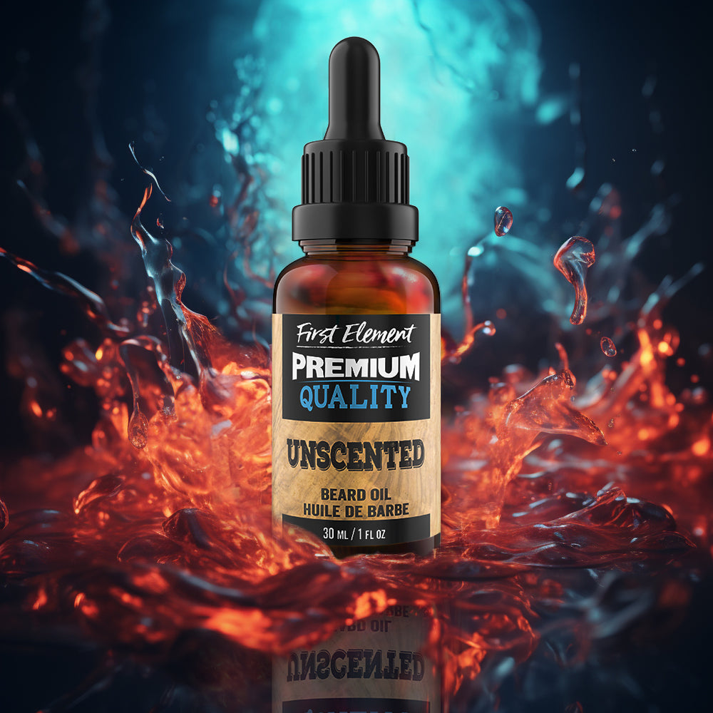 Premium Unscented Beard Oil in 30ml amber bottle with dropper lid on colourful splash background