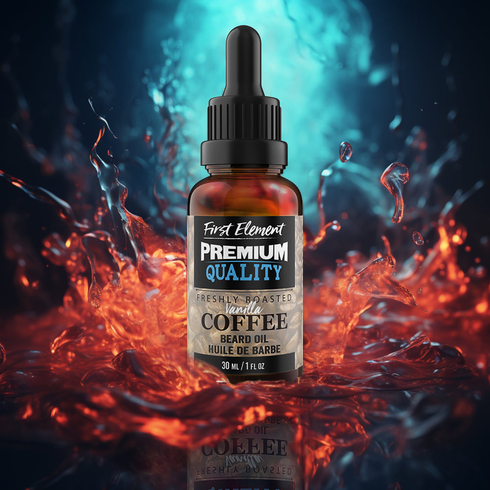 30ml amber bottle of premium Vanilla Coffee Scented Beard Oil with dropper lid on colorful splash background