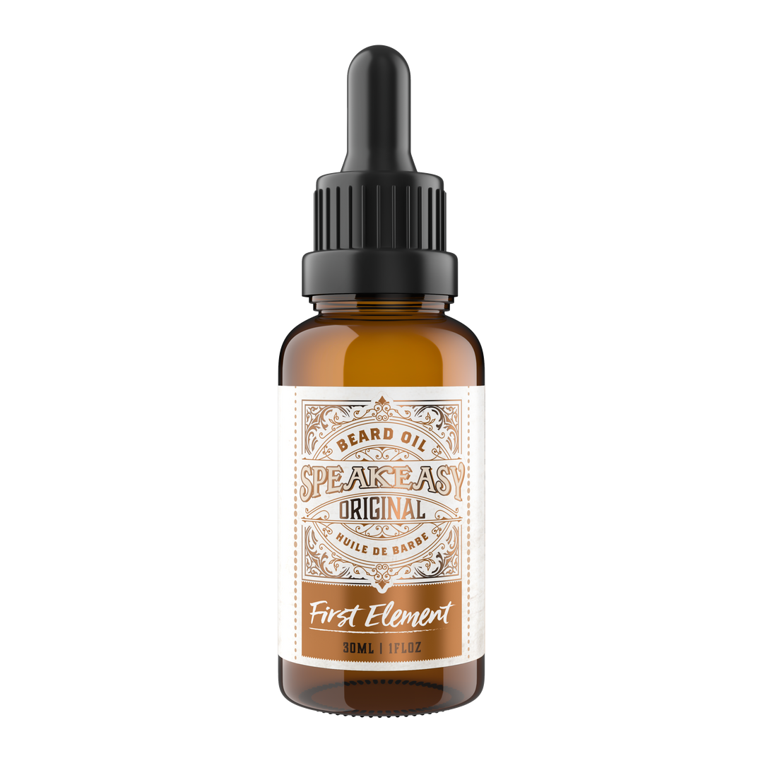 30ml amber bottle of Speakeasy Original Beard Oil with dropper lid on a white background