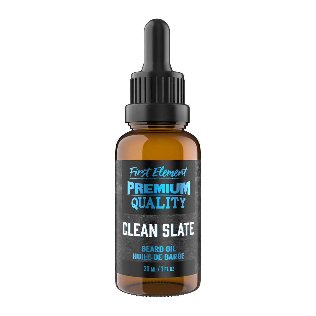 A 30ml Amber bottle of Clean Slate Beard Oil on a white background.