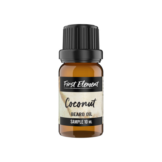 10ml amber bottle with cap. Coconut beard oil with white background