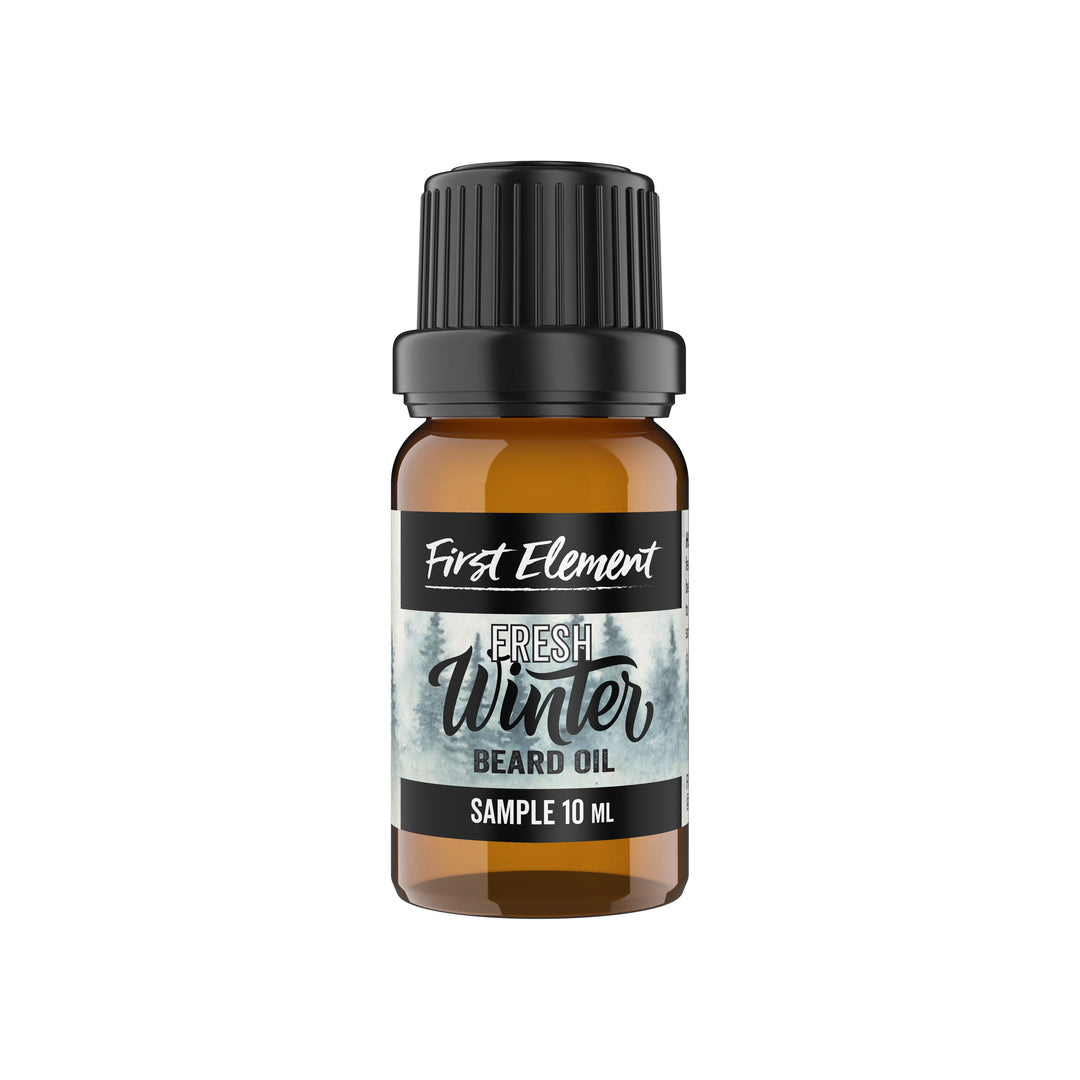 10ml fresh winter beard oil. Amber bottle with cap on white background