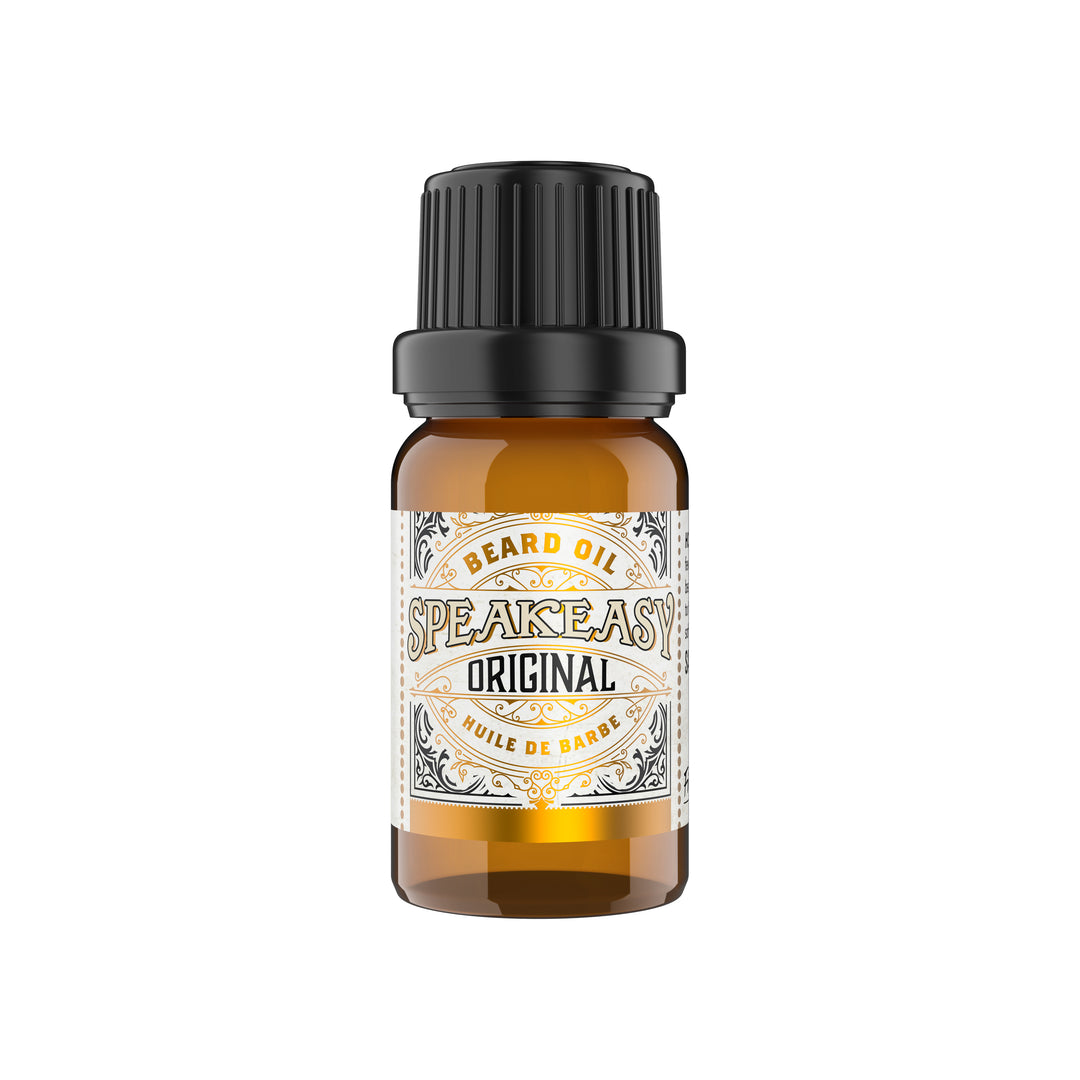 10ml amber bottle of Speakeasy Original Beard Oil with orifice reducer cap on a white background