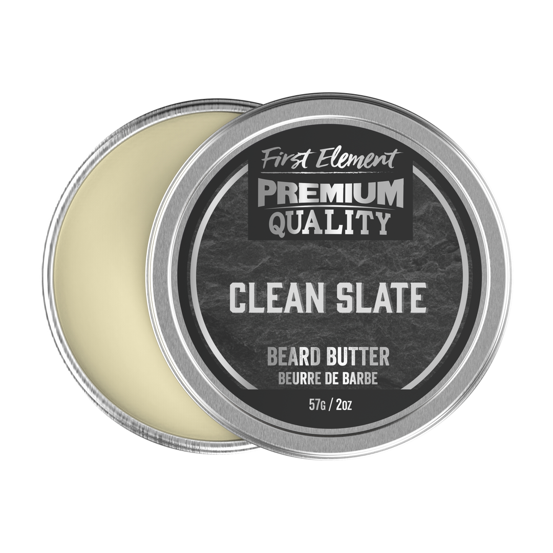 A 2oz metal tin of Clean Slate Beard Butter, handcrafted in small batches in Canada. The tin features a screw-on top with a tamper-evident seal.