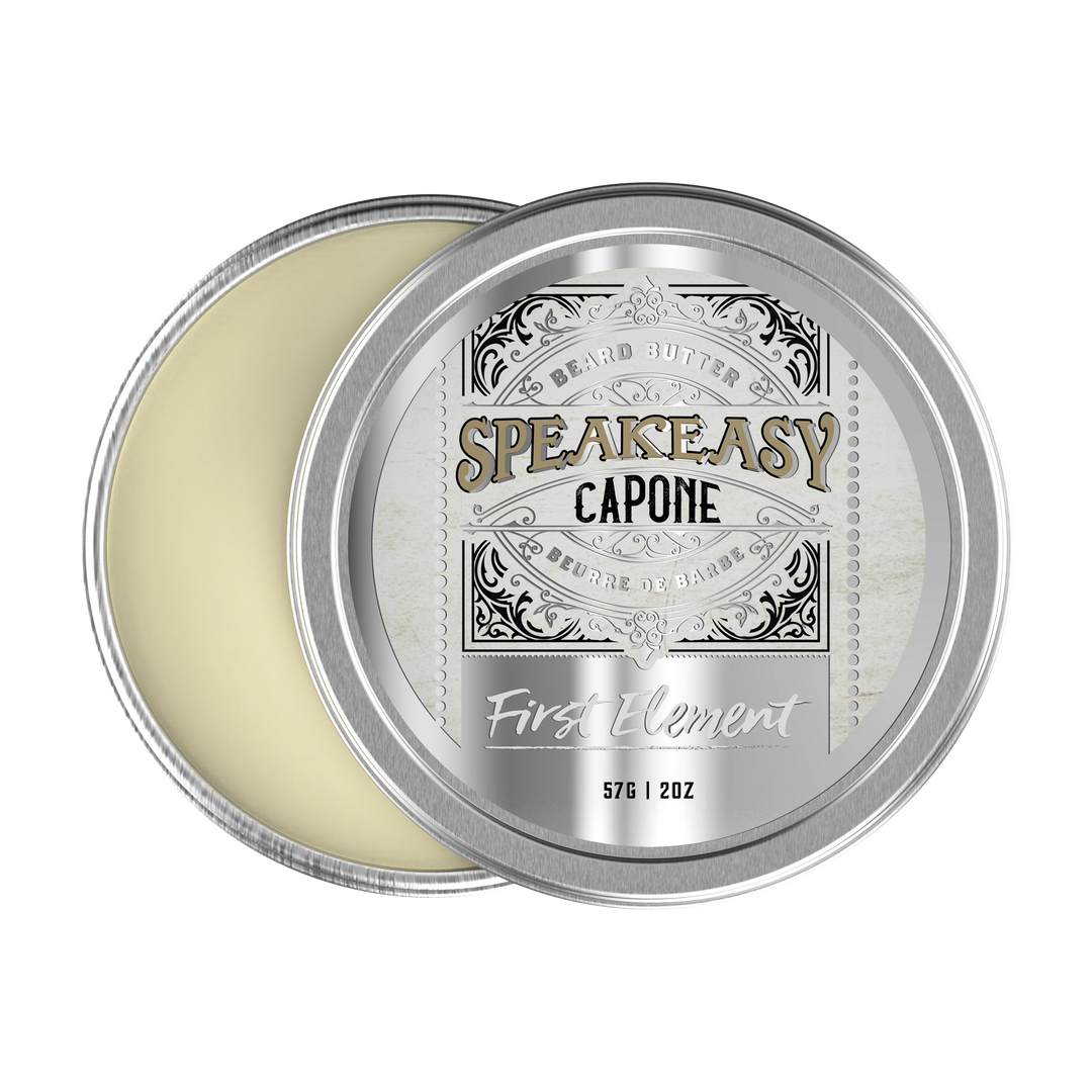 A 2-ounce metal tin with a screw-on top and a tamper-evident seal. The label reads 'Speakeasy Capone Beard Butter,' showcasing its Canadian-made, premium quality. The background features vintage-inspired typography, hinting at the old-school vibe of the product.