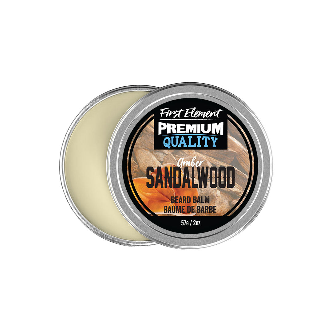 Image of a 2oz metal tin of Premium Amber Sandalwood scented Beard Balm, handcrafted in Canada. The tin has a screw-on top with a tamper-evident seal, showcasing its premium quality and all-natural, hand-poured formula.