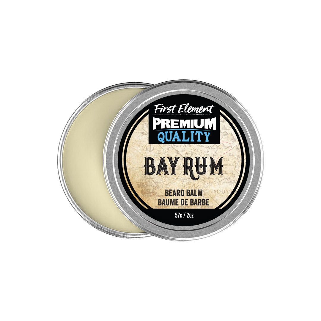 Image of a 2oz metal tin of Premium Bay Rum scented Beard Balm by First Element. Handcrafted in Canada, the tin features a screw-on top with a tamper-evident seal, highlighting its premium quality and all-natural, hand-poured formula.