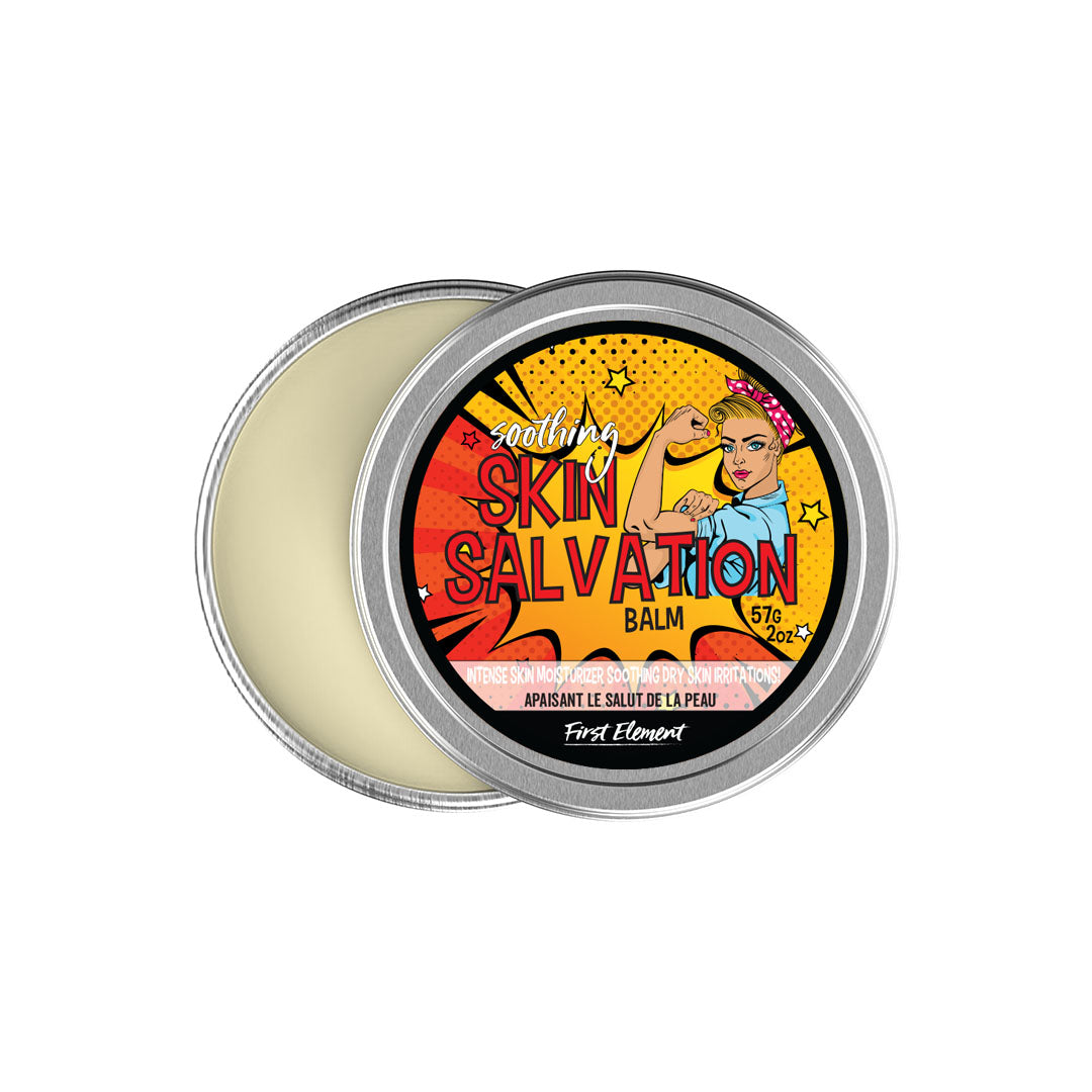 A 2 oz metal screw top tin of Soothing Skin Salvation sits on a white background. The tin is labeled with the product name and features a simple yet elegant design.