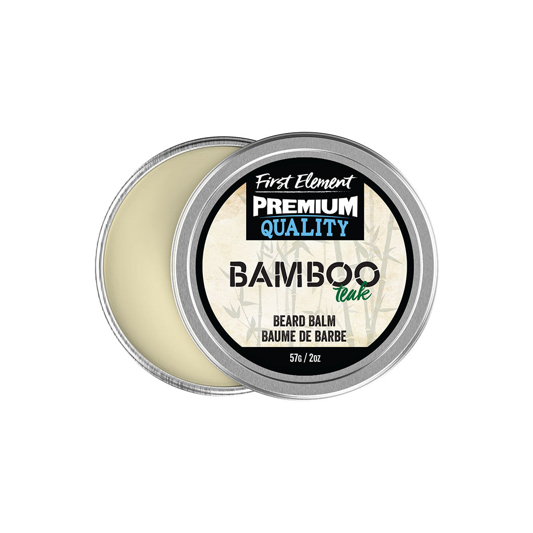 Image of a 2oz metal tin of Premium Bamboo scented Beard Balm, handcrafted in Canada. The tin has a screw-on top with a tamper-evident seal, showcasing its premium quality and all-natural, hand-poured formula.