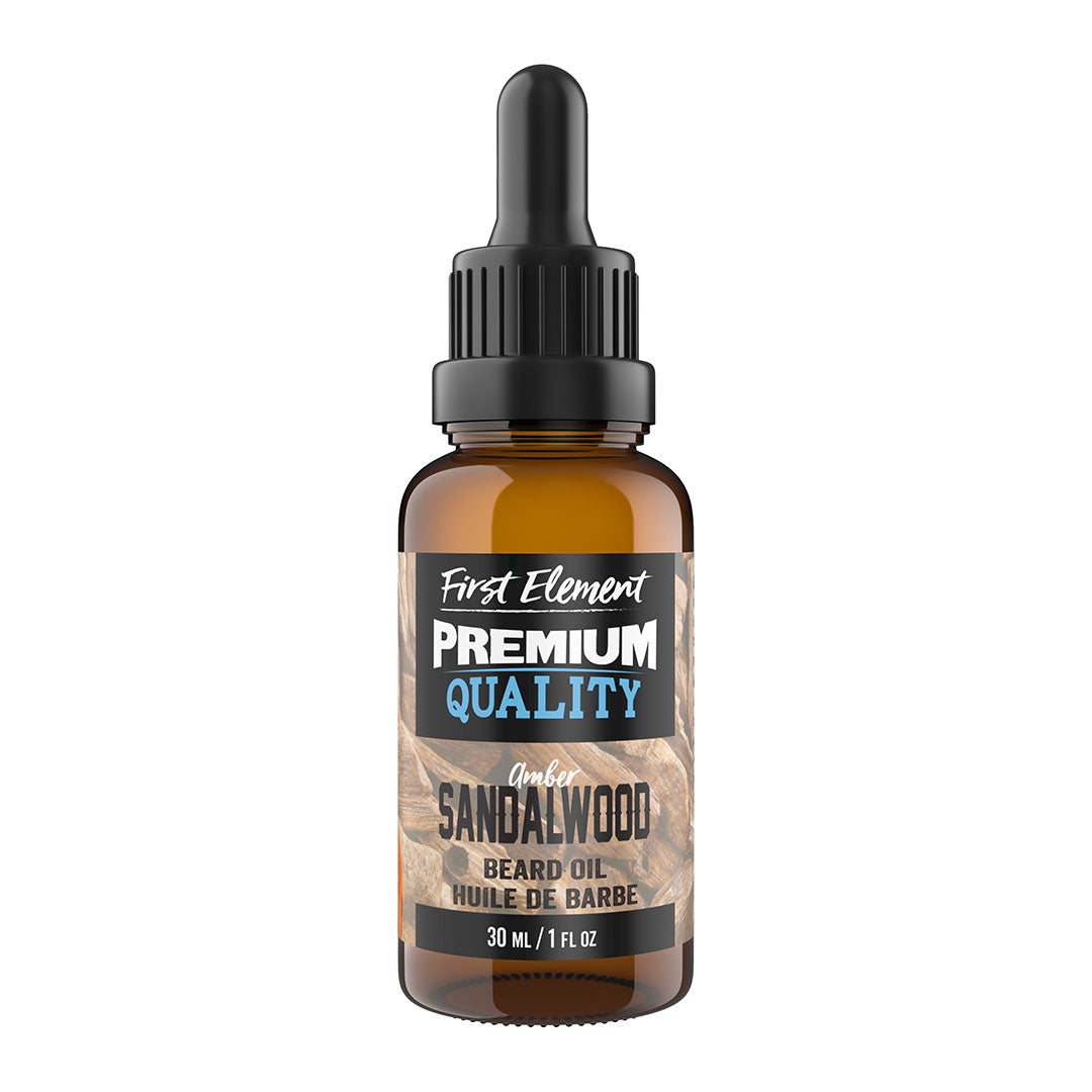Amber Sandalwood Beard Oil - First Element Premium Tobacco Vanilla scented Beard Oil. Our Beard Oil comes in a nice 30ml amber glass bottle with dropper. Premium quality, hand made in Canada, all natural, hand poured beard oil