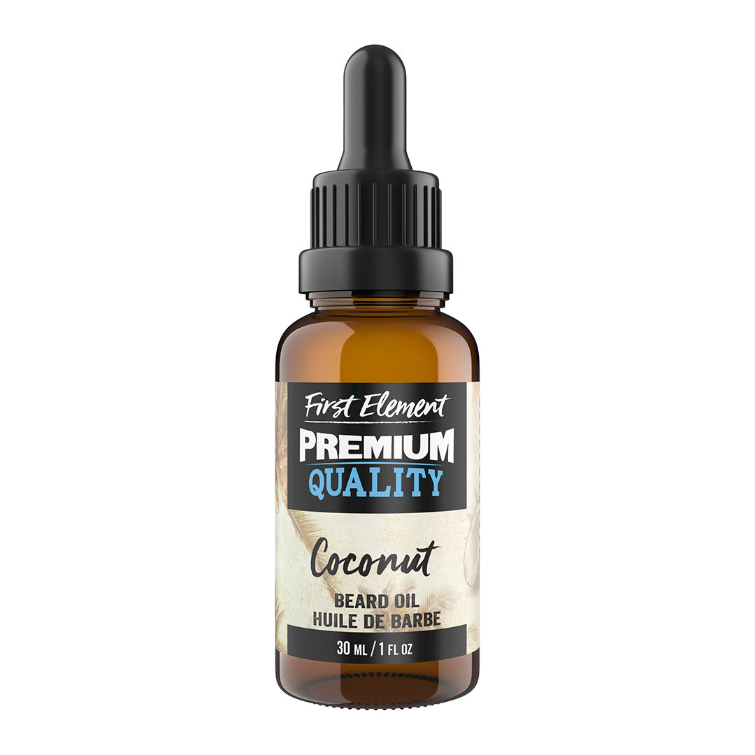 Coconut Beard Oil - First Element Premium Coconut scented Beard Oil. Our Beard Oil comes in a nice 30ml amber glass bottle with dropper. Premium quality, hand made in Canada, all natural, hand poured beard oil