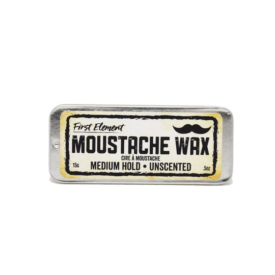 Moustache Wax Medium hold - First Element - For sculpting your moustache & holding in place throughout the day for a more sophisticated, clean look. Our wax comes in a sleek, handy rectangular slider metal 15g slider tin. Product shown on a solid white background.