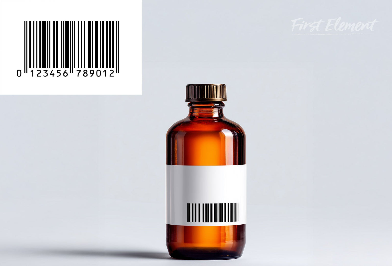 Amber Beard Oil bottle with a barcode on a blank white label, UPC barcode on the top left