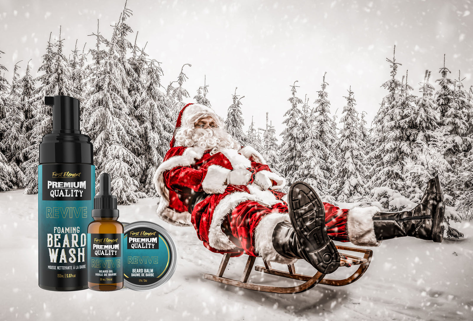 Top 10 Tips to Boost Beard Care Sales this Christmas Season - Santa on a sleigh with a beard care kit in the background