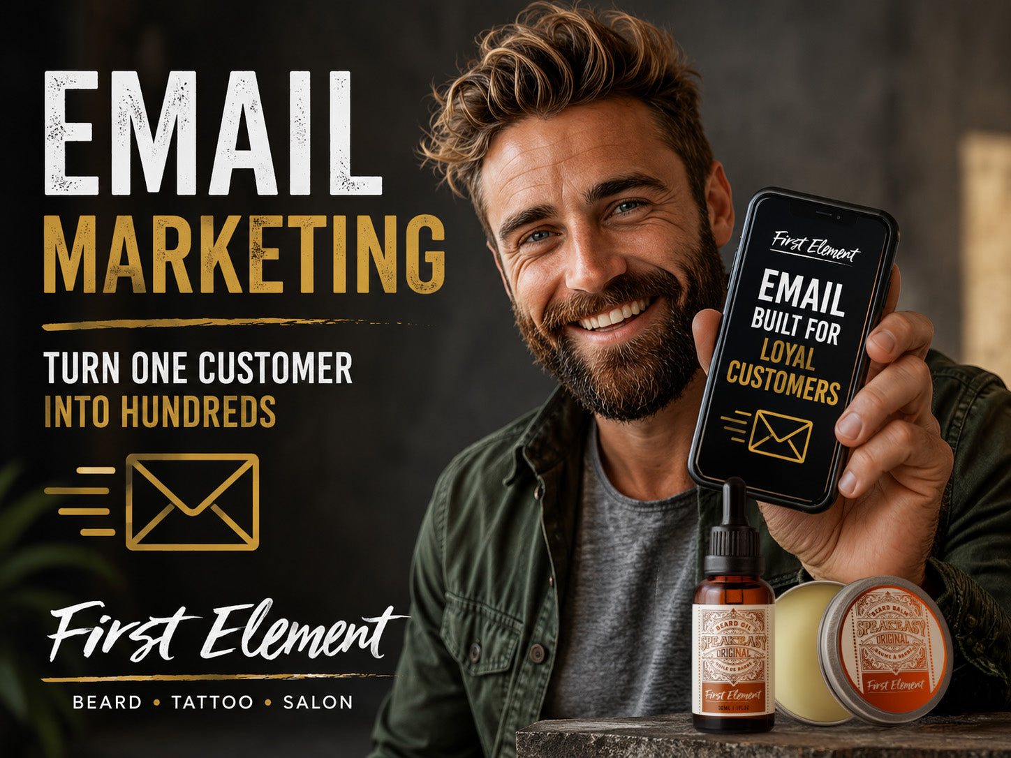 Bearded Man holding a cell phone up with Email marketing. Email marketing brochure 