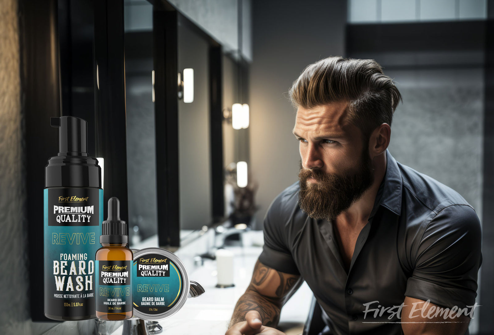 Attractive bearded man sitting at a sink and looking into a mirror. Trendy hair style and well kept beard.