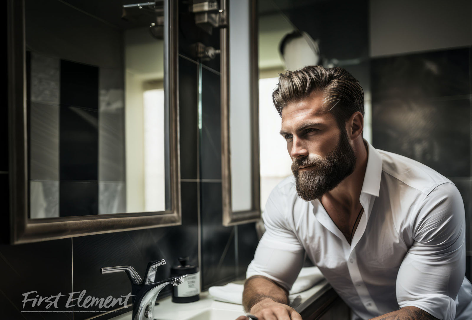 Handsome Bearded man in a bathroom leaning on a sink and looking into a mirror