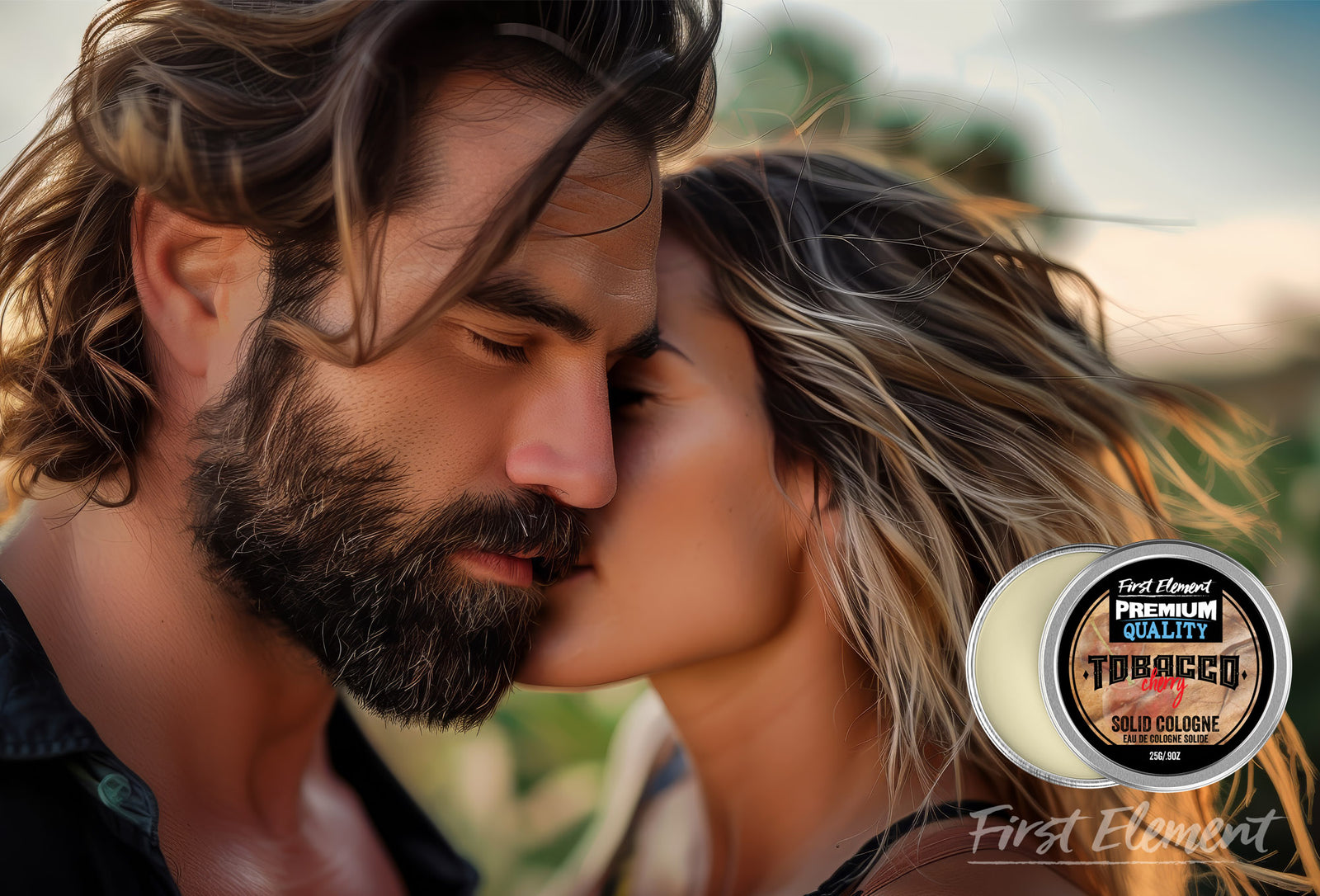 An attractive couple nearly kissing with an inset image of Tobacco Cherry Solid Cologne
