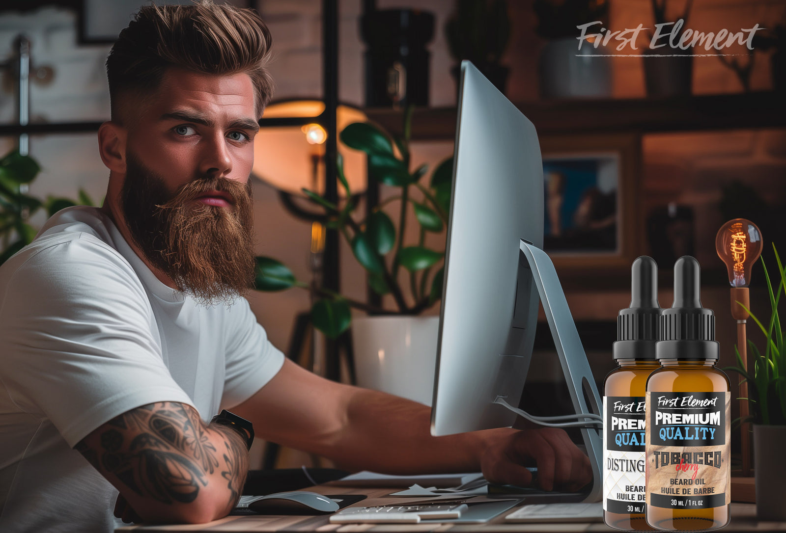Bearded man sitting at a computer starting a beard care business