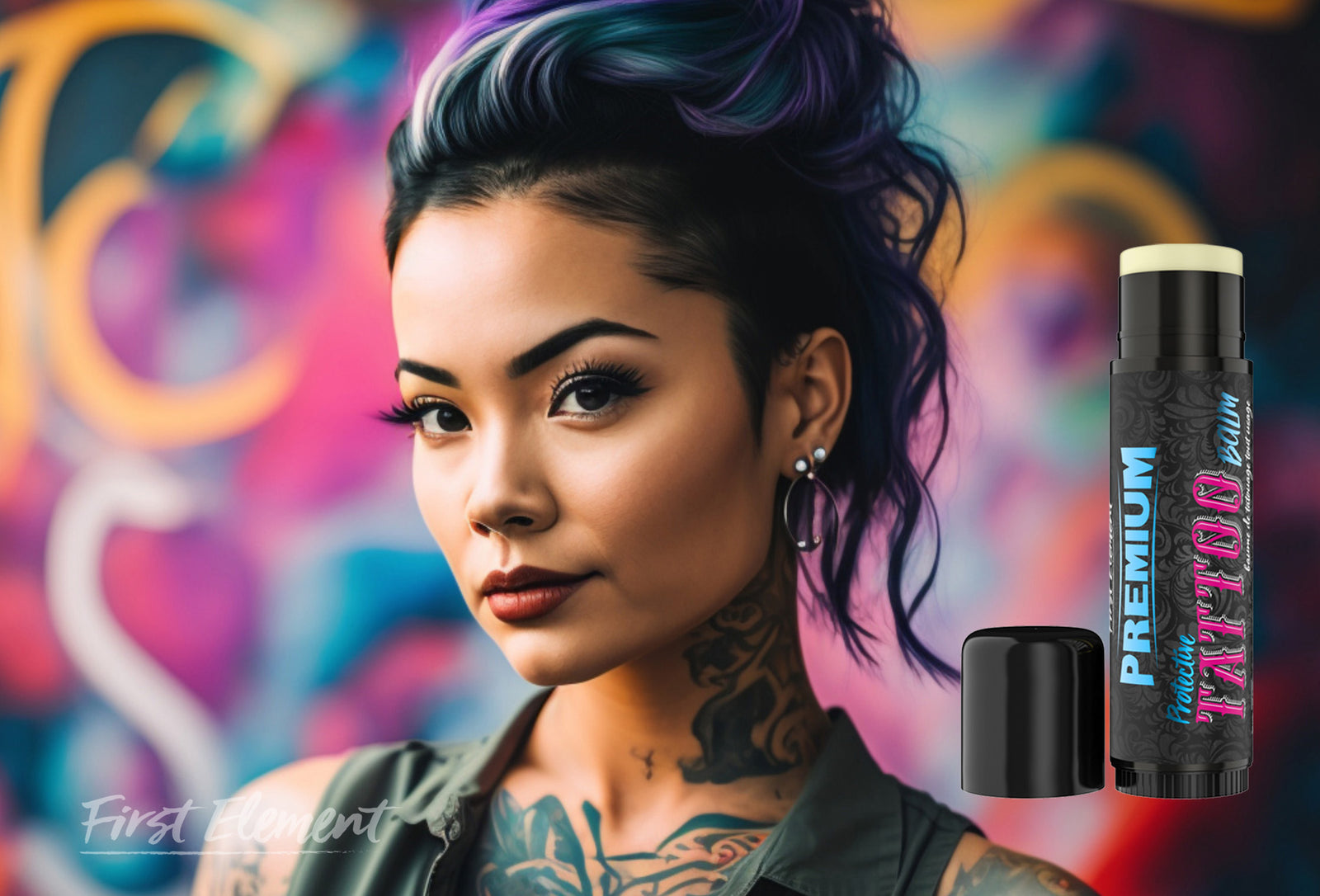 Attractive tattooed women with a First Element Tattoo Balm stick on the side of the image