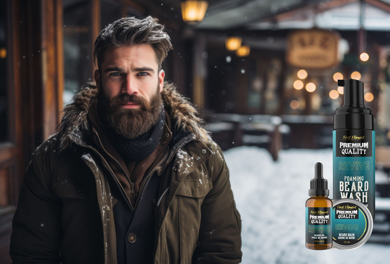 Bearded man standing outside on a winter day with beard care items to the side - tips for beard care in winter