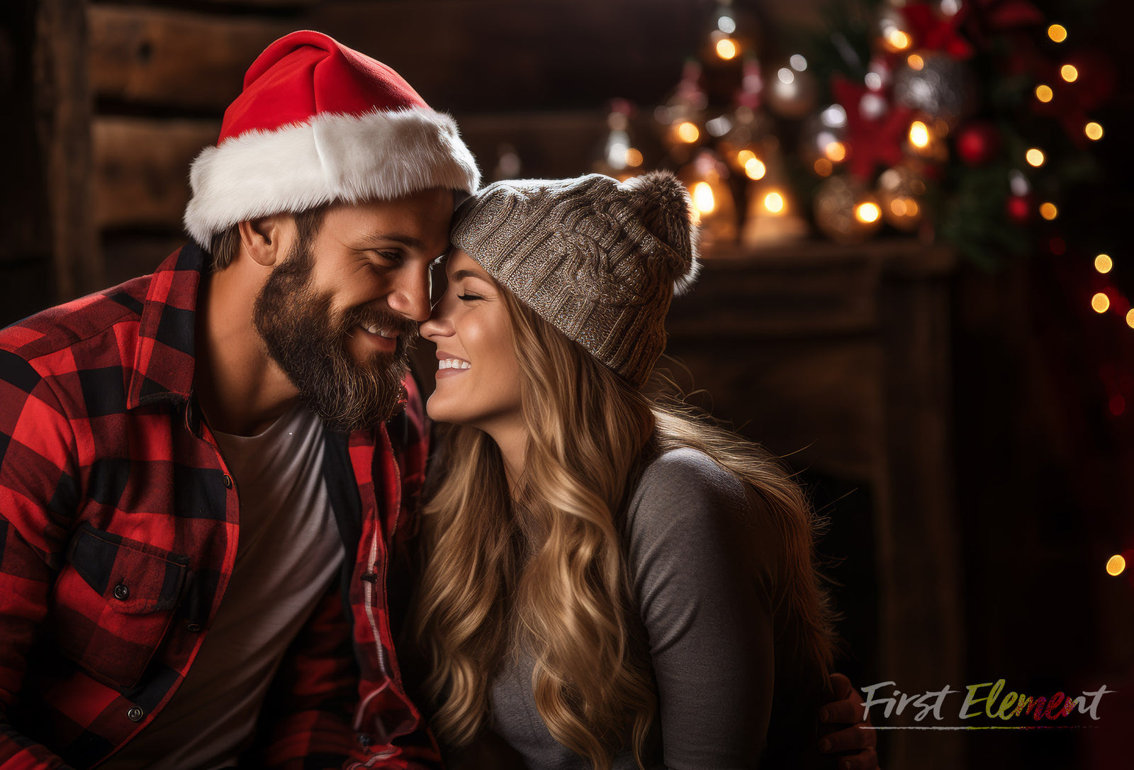Close-up of a joyful couple in cozy winter attire, the man wearing a Santa hat and the woman in a knit beanie, smiling warmly at each other in front of a festive holiday background with soft glowing lights.