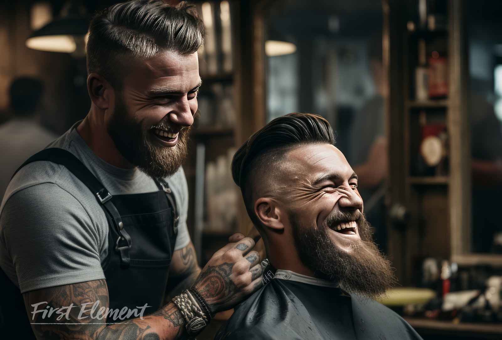 Barber with a happy client. Trendy hair and well kept beards.