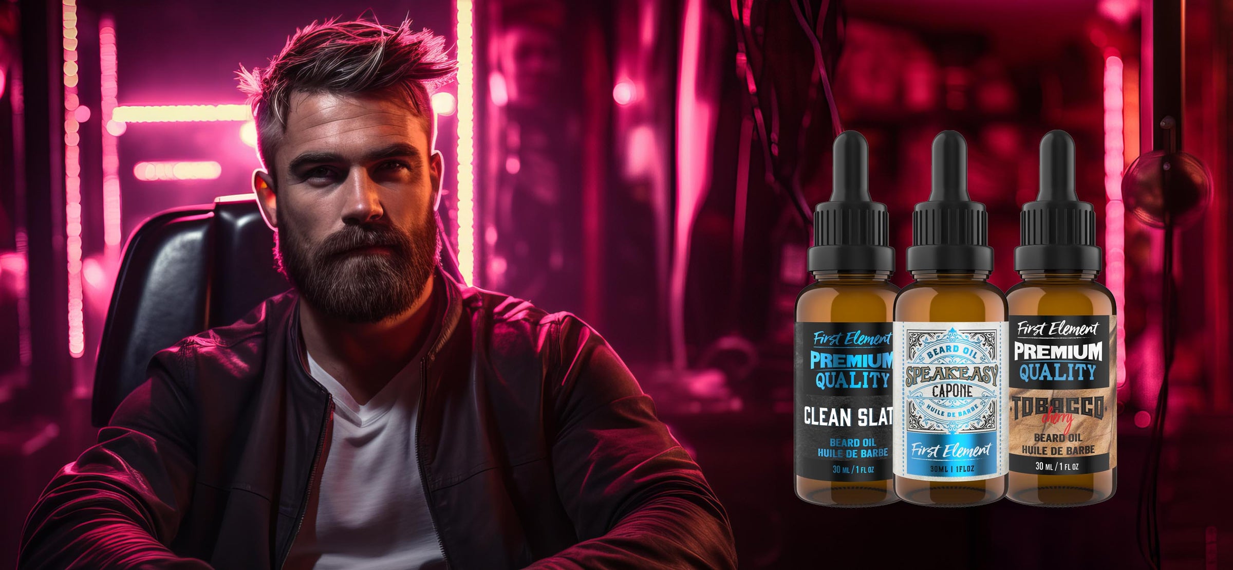 Premium Canadian Made Beard Oil with a Neon Background and handsome man sitting beside the beard oils