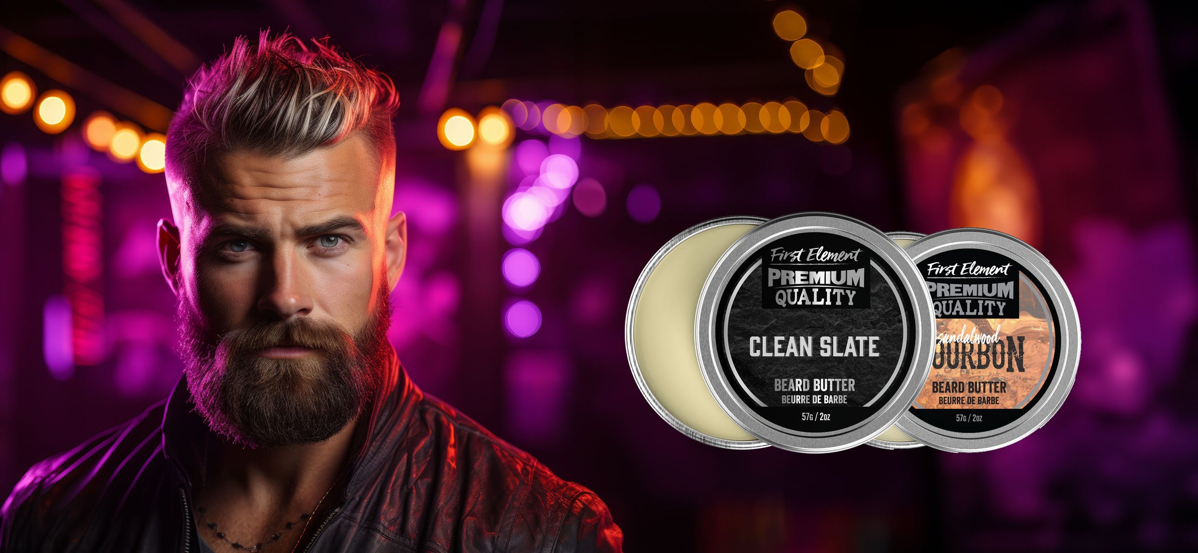 Bearded man with a Neon lighted background and Premium beard butter displayed beside him