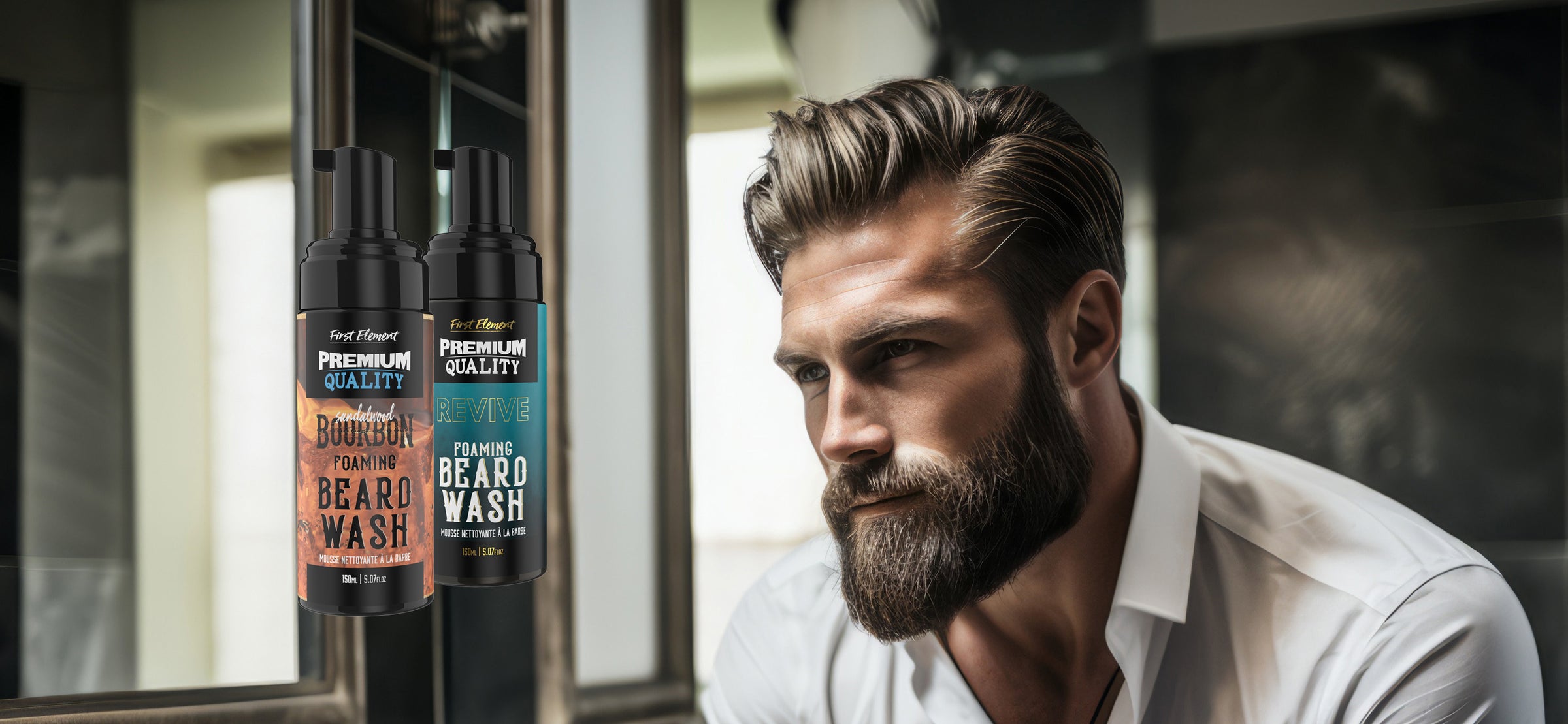 Foaming Beard Wash Collection by First Element - Man with water splashing in face with gentle suds in his beard