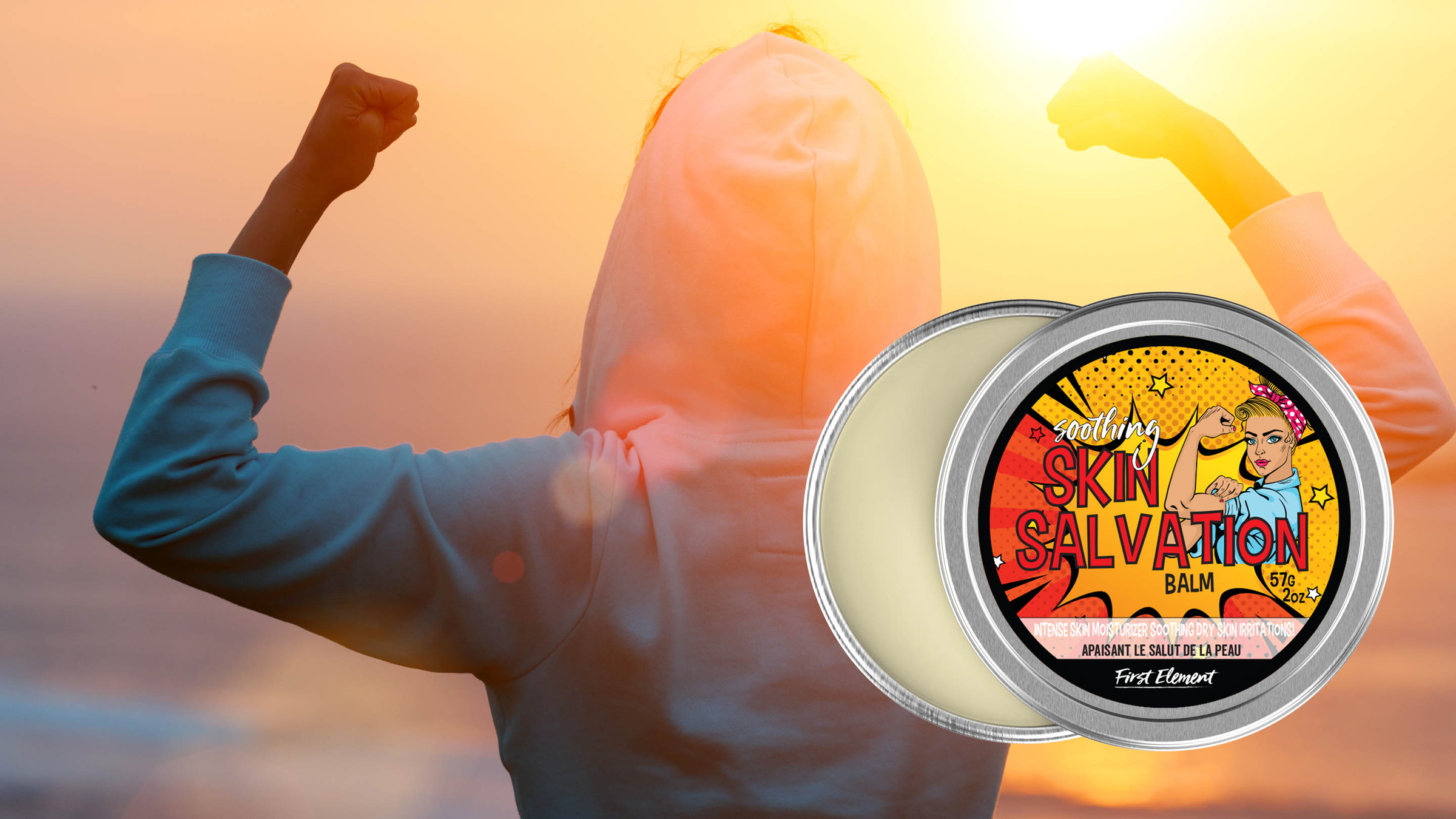 First Element's Skin Salvation Balm with an empowering women in the background flexing with the sun setting on her. 