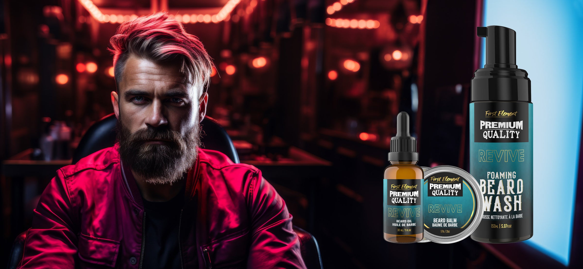 Bearded man sitting in chair with neon lighting with beard oil, beard balm, beard wash sitting on the side