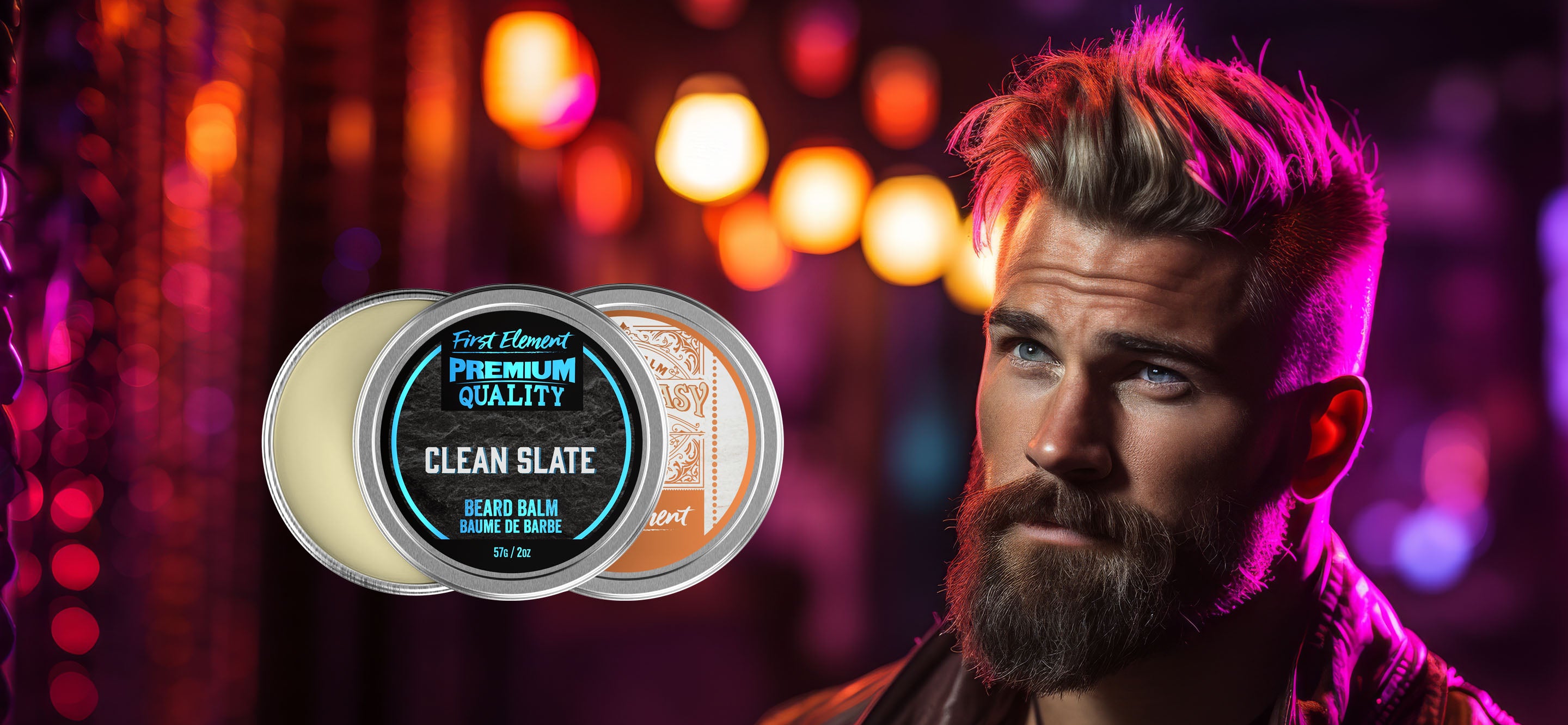 Handsome Bearded man with Neon lighting and beard balm displayed beside him