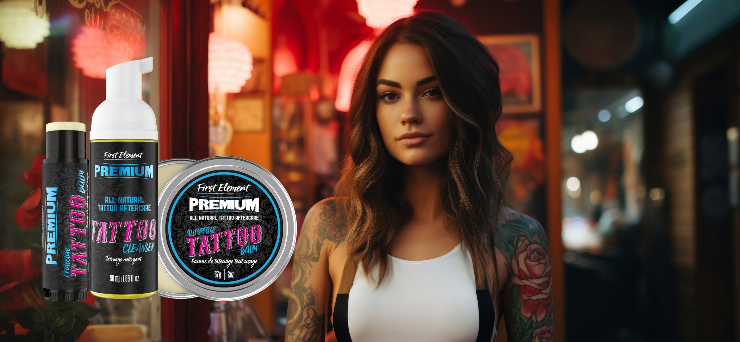 Tattoo Aftercare Collection with a Colourful graffiti background with attractive tattooed woman 