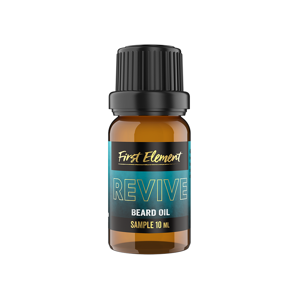 A 10ml amber bottle of Revive Beard Oil, equipped with an orifice reducer cap, on a white background.