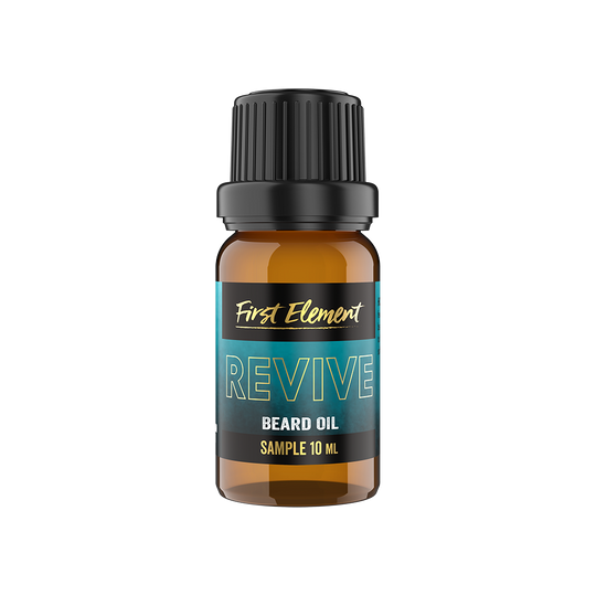 A 10ml amber bottle of Revive Beard Oil, equipped with an orifice reducer cap, on a white background.