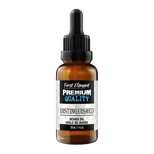 Distinguished Beard Oil - First Element Premium Distinguished scented Beard Oil. Our Beard Oil comes in a nice 30ml amber glass bottle with dropper. Premium quality, hand made in Canada, all natural, hand poured beard oil