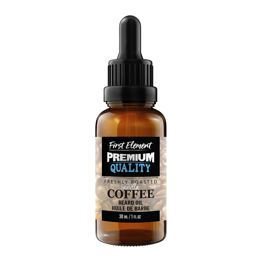 Vanilla Coffee Beard Oil - First Element Premium Vanilla Coffee scented Beard Oil. Our Beard Oil comes in a nice 30ml amber glass bottle with dropper. Premium quality, hand made in Canada, all natural, hand poured beard oil