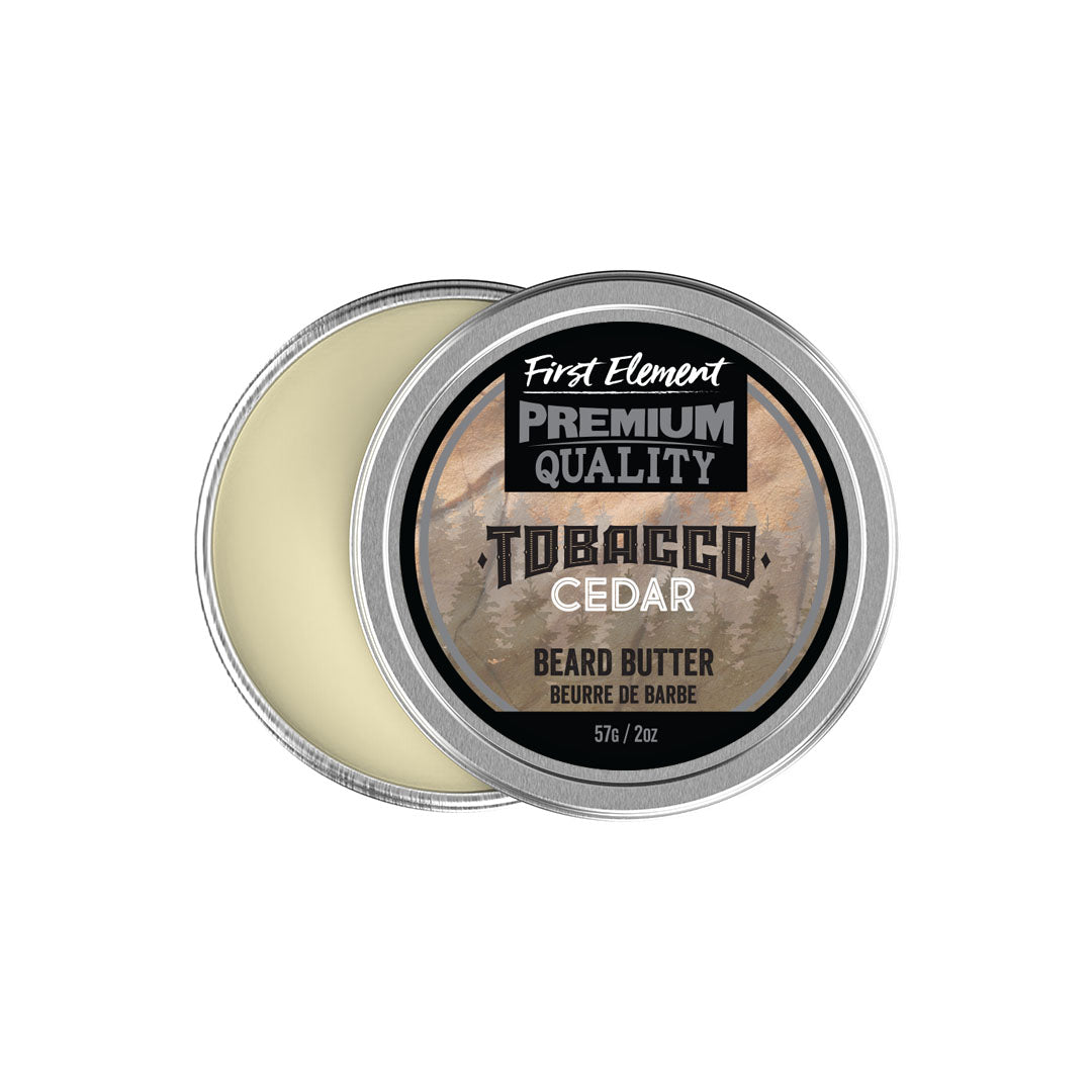 Beard butter container labeled 'Tobacco Cedar' by 'First Element' on a white background