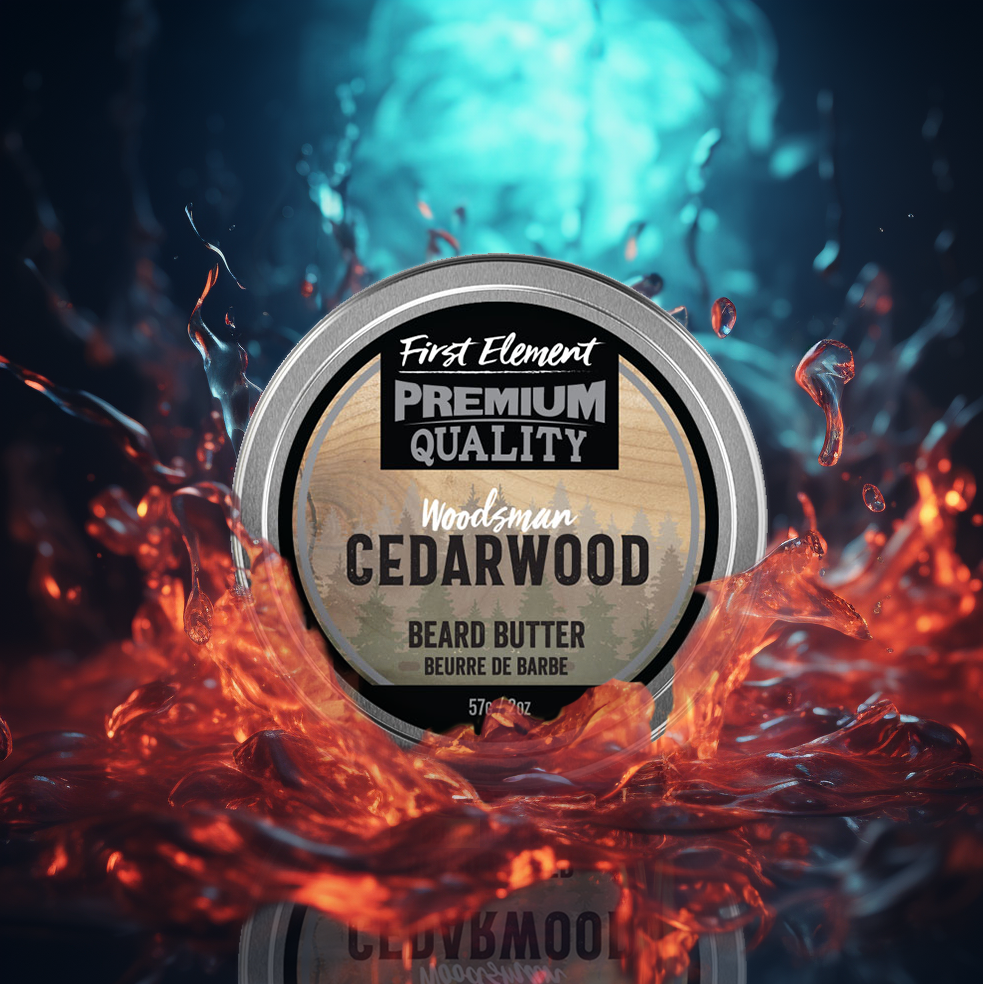 Cedarwood Beard Butter - First Element Premium Cedarwood scented Beard Butter. Our Beard Butter comes in a nice 2oz metal tin with a screw on top with a tamper evident seal. Premium quality, hand made in Canada, all natural, hand poured beard butter. 