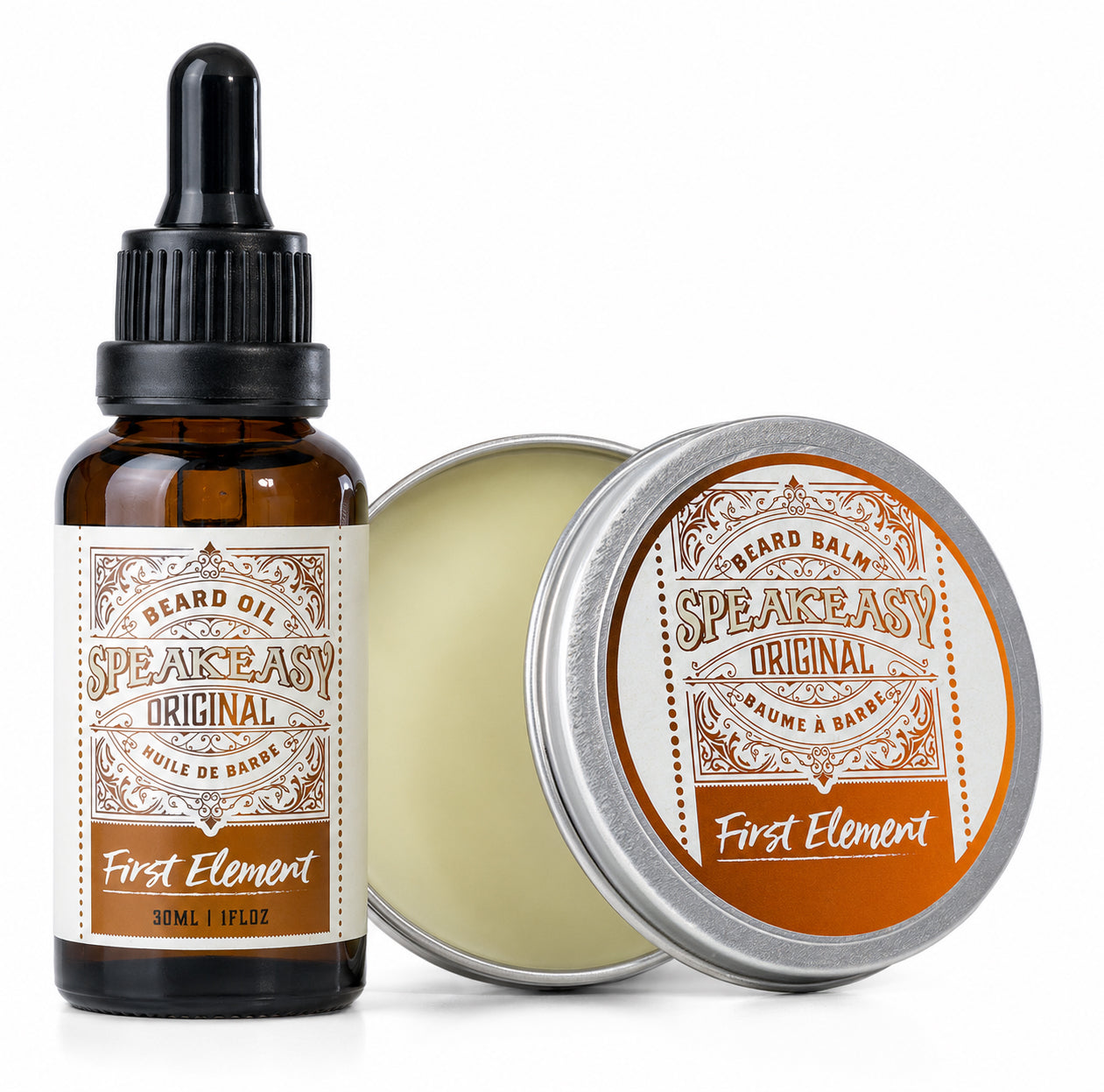 Speakeasy Original First Element beard oil bottle and balm on a white background