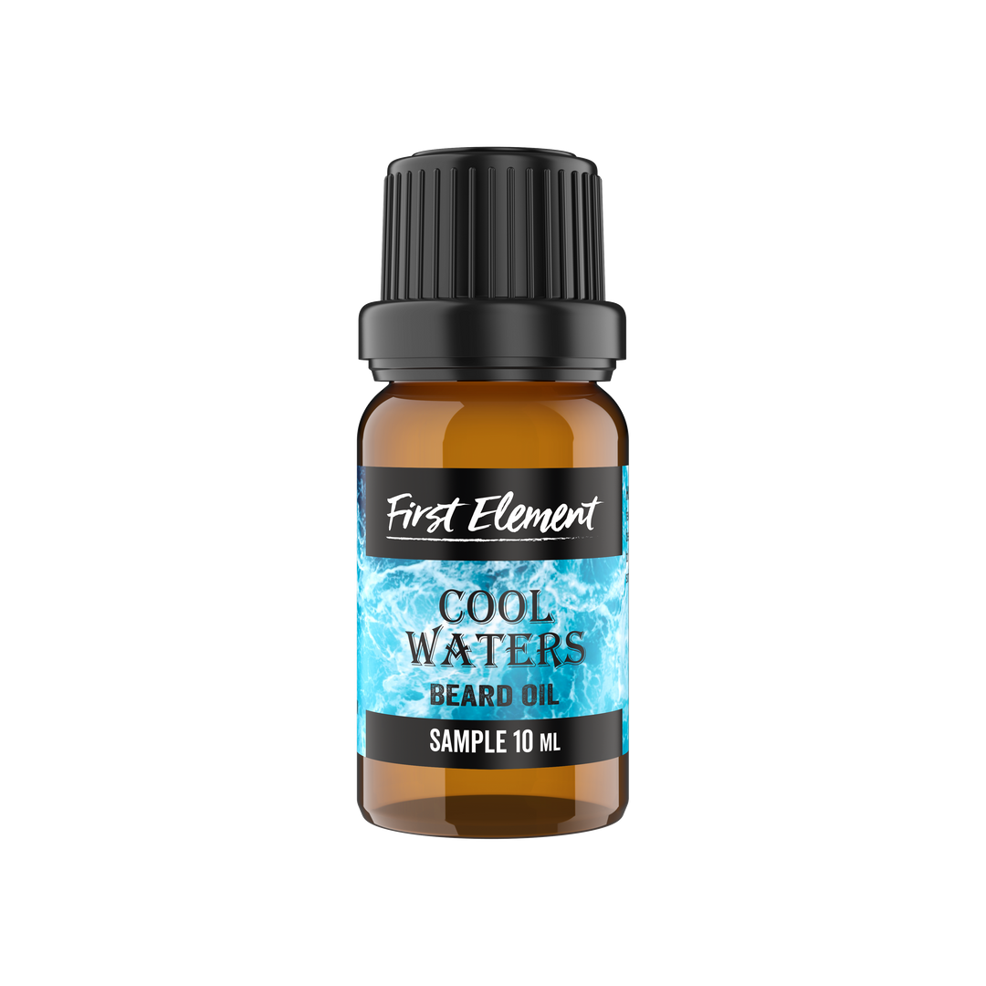 Bottle of 'Cool Waters' beard oil by First Element on a white background